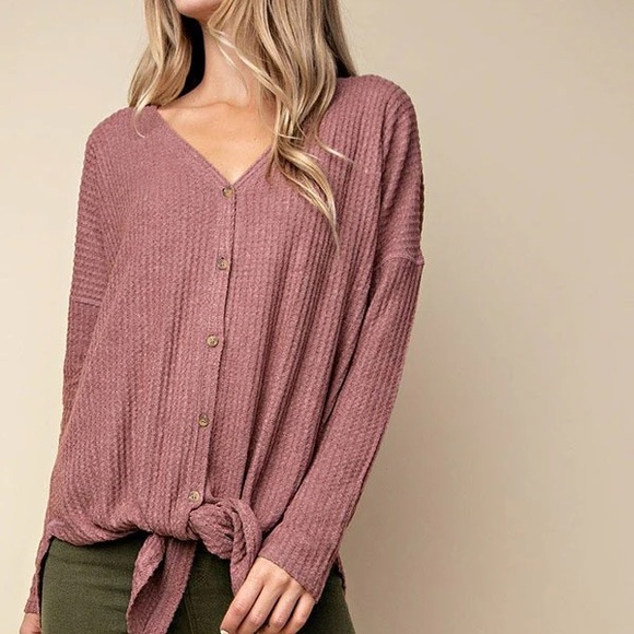 easel Tops - NWT Waffle Knit Tie Top in Wine